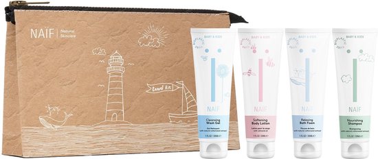 Naïf natuurlijke reisset – voor baby en kind – 120 ml verzorgingsproducten in leuke reisetui