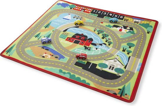 Melissa & Doug Straten speel- en activiteitenkleed met 4 houten auto's (100 x 91 cm)