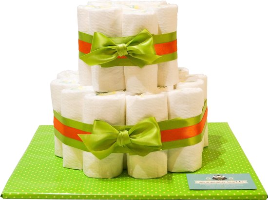 Luiertaart - Pampertaart Neutraal 2 Laags Basis - 30 Pampers - Groen Oranje