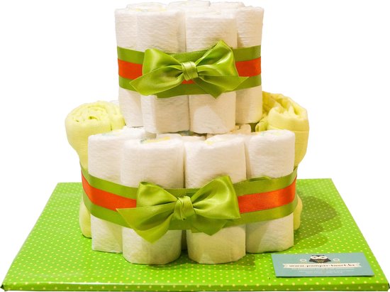 Luiertaart - Pampertaart Neutraal 2 Laags Tetradoek - 26 Pampers - Groen Oranje