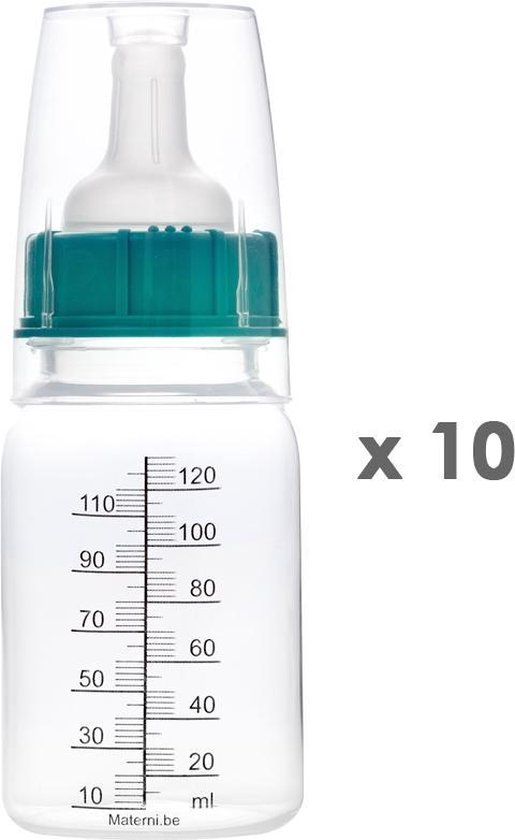 Materni 10x Babyfles 120 ml  - 10 gebruiksklare zuigflessen met afsluitdop en large slow flow speen met speenbeschermer.