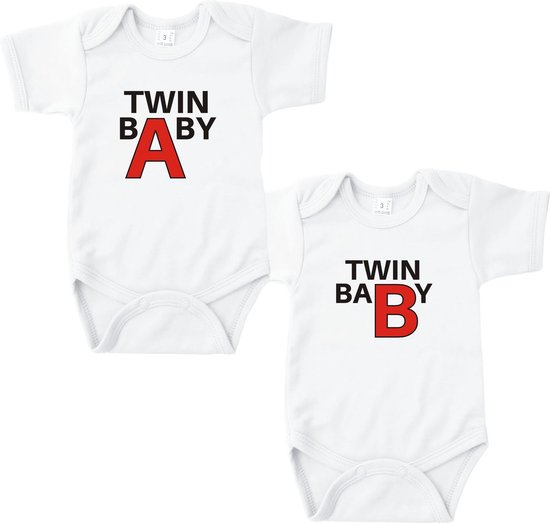 Tweeling cadeau - Baby rompertje Twin A Twin B - Wit - Maat 50/56 - Set van 2 rompertjes - Kraamcadeau - Babygeschenk - Romper - Tweeling - Valentijn - Moederdag - Vaderdag