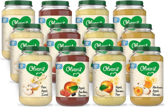 Olvarit Variatiemenu Fruit - fruithapje vanaf 8+ mnd - 4 smaken babyvoeding - 12 fruitpotjes - 200g