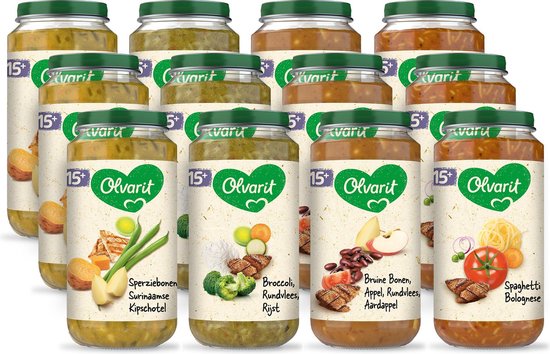 Olvarit Variatiemenu Maaltijd - babyhapje vanaf 15+ maanden - 4 smaken babyvoeding - 12 x 250 gram