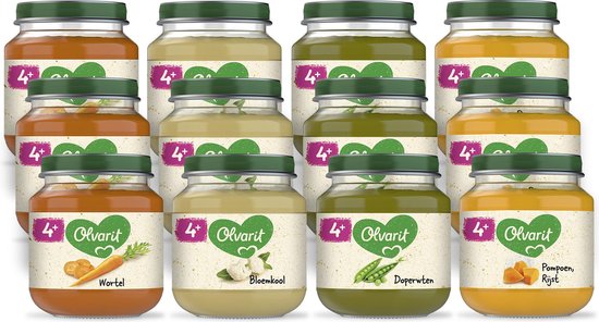 Olvarit Variatiemenu Groente - babyhapje vanaf 4+ maanden - 4 smaken babyvoeding - 12 x 125 gram