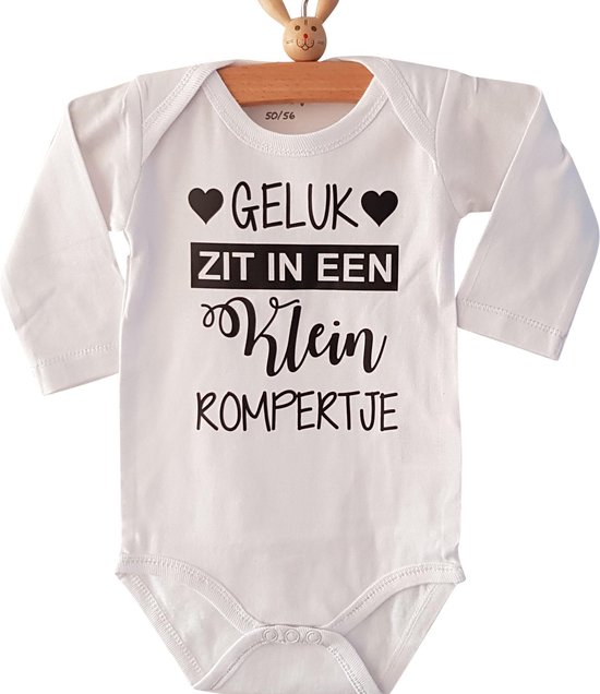 Baby Rompertje  Geluk zit in een klein rompertje  | Lange mouw | wit | maat 50/56 cadeautje zwangerschaps aankondiging