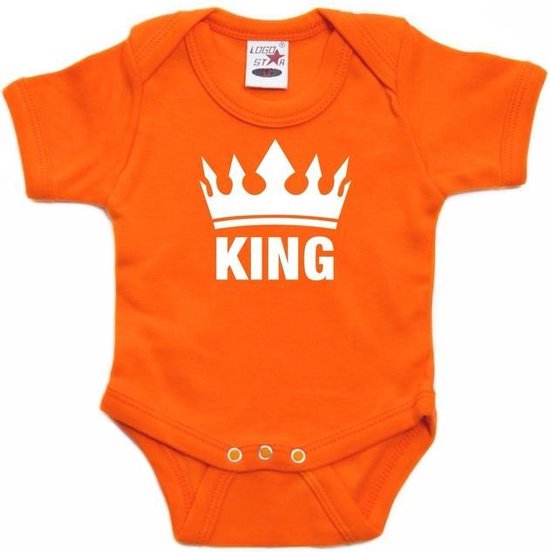 Oranje koningsdag romperje King met kroon baby 80 (9-12 maanden)