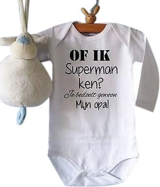 Baby Rompertje met tekst | Of ik superman ken? Je bedoelt gewoon mijn opa | Lange mouw | wit zwart | maat 50/56 | cadeau zwangerschap aankondiging opa's liefste worden voor verjaardag of vaderdag I love allerliefste zwangerschapsaankondiging geboorte