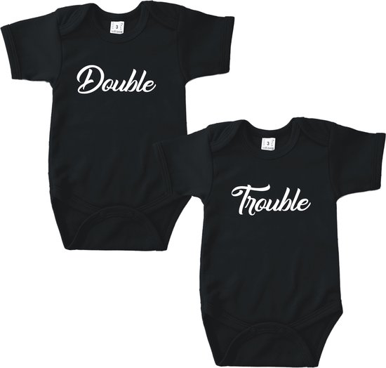 Rompertjes baby met tekst - Double Trouble - Tweeling - Zwart - Maat 62/68 - Set van 2 rompertjes - Romper Tweeling
