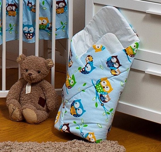 Inbakerdoek - Baby swaddle - 80x80cm - licht blauw met uilen