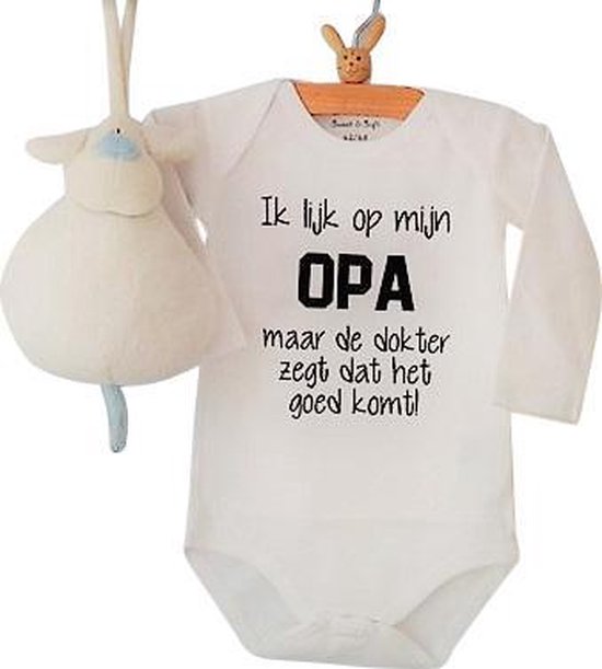 Rompertje Ik lijk op mijn Opa maar de dokter zegt dat het goed komt ! | Lange mouw | wit | maat 74/80 | cadeau zwangerschap aankondiging opa's liefste worden voor verjaardag I love allerliefste kind baby tekst eerste vaderdag lief beste held is de