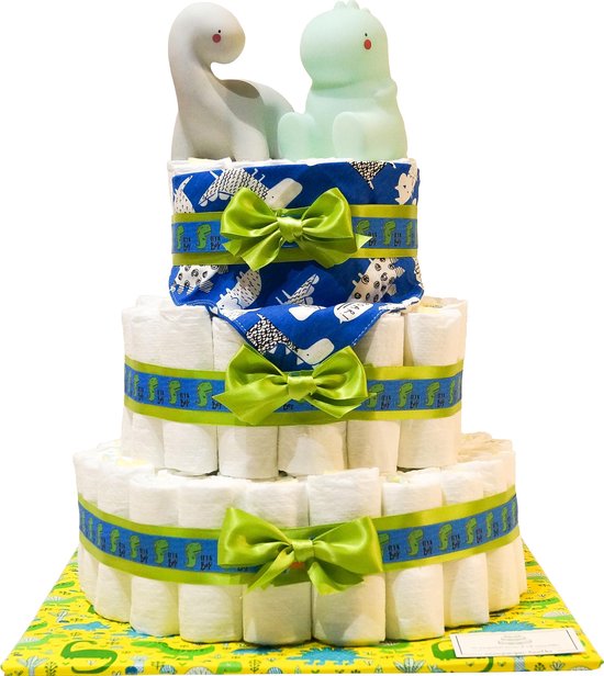Luiertaart - Pampertaart Jongen Dino XL - 97 Pampers - Groen Blauw