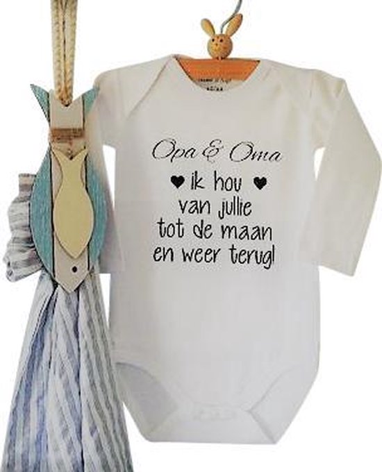 Rompertje baby met tekst Opa en Oma ik hou van jullie tot de maan en weer terug | Lange mouw | wit | maat 74/80 | cadeau zwangerschap aankondiging oma’s opa’s liefste worden voor verjaardag allerliefste  tekst beste leukste mijn zijn de allerbeste