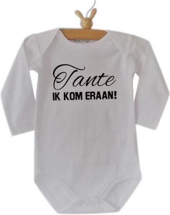Baby Rompertje met tekst Tante ik kom eraan! | Lange mouw | wit | maat 50/56 jongen meisje unisex