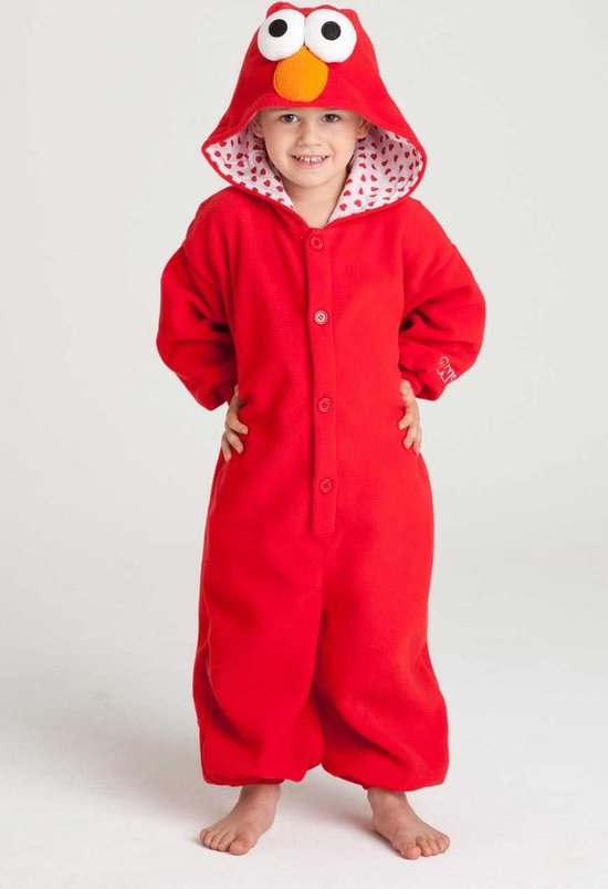 KIMU Onesie Elmo peuter pakje kostuum Sesamstraat - maat 86-92 - rood Elmopakje romper pyjama