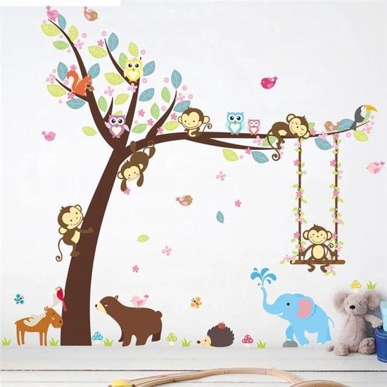 Muursticker babykamer - kinderkamer Jongen Meisje. Multicolor. Boom - Bos - Dieren - Uil Aap Olifant Beer Vlinder