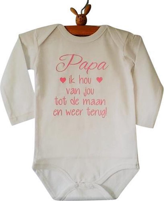 Baby liefste Rompertje meisje met tekst Papa ik hou van jou tot de maan en weer terug | Lange | Lange mouw | wit met roze | maat 50/56