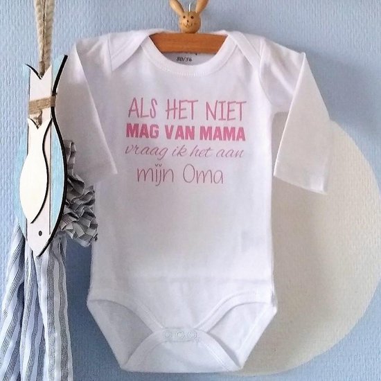 Baby Rompertje met tekst meisje Als het niet mag van mama vraag ik het aan oma | Lange mouw | wit met roze | maat 50/56 -  aankondiging bekendmaking zwangerschap cadeau voor de liefste aanstaande