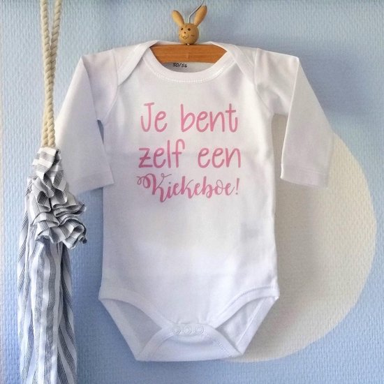 Baby Rompertje met tekst meisje Je bent zelf een Kiekeboe | Lange mouw | roze | maat 74/80