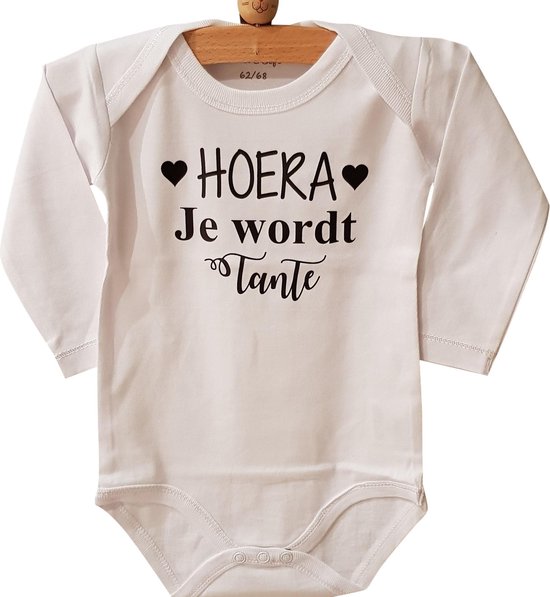 Baby Rompertje met tekst zwangerschapsaankondiging Hoera je wordt tante | Lange mouw | wit zwart | maat 50/56 | geboorte Cadeau Kraamcadeau zwangerschap aankondiging aankondigen