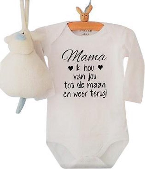 Rompertje baby tekst cadeau eerste moederdag Mama ik hou van jou tot de maan en weer terug | Lange mouw | zwart wit | maat  62/68   bekendmaking zwangerschap aanstaande baby jongen meisje unisex