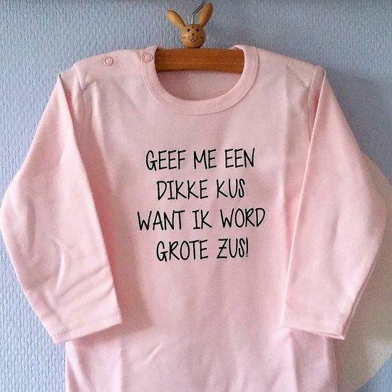 Baby rompertje meisje lichtroze Geef me een dikke kus want ik word grote zus meisjes - Zwangerschapsaankondiging | Lange mouw | roze | maat 86-92 zwangerschap aankondiging shirt worden bekendmaking