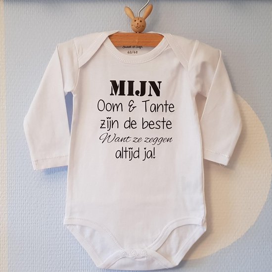 Baby Rompertje met tekst | Mijn Oom en Tante zijn de beste want ze zeggen altijd ja!  lange mouw | wit met zwart | maat 62/68