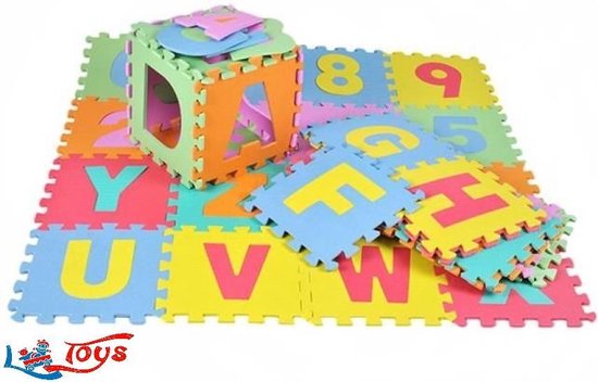 ABC Speelmat met Opbergtas - Speelkleed - Puzzelmat - Antislip en Water Afstotend - Zacht en Dik EVA Foam - Alfabet - Cijfers - Educatief Speeltapijt voor Baby/Peuters/Kinderen vanaf 0 Jaar - 30x30cm - 72delig