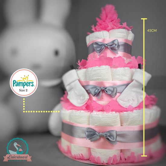 Luiertaart meisje 3-laags met 45 A-merk pampers en XL kaart - kraamcadeau - babyshower