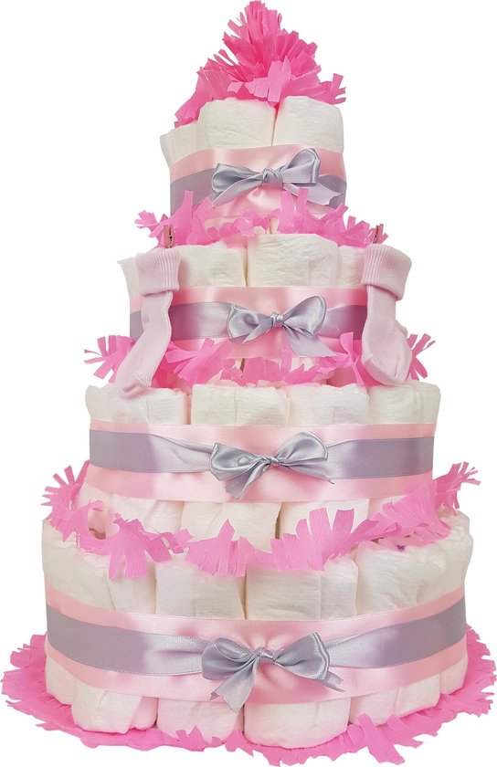 Luiertaart meisje 4-laags met 87 A-merk pampers en XL kaart - kraamcadeau - babyshower- pampertaart