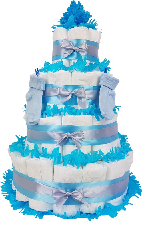 Luiertaart jongen 4-laags met 87 A-merk pampers en XL kaart - kraamcadeau - babyshower- pampertaart