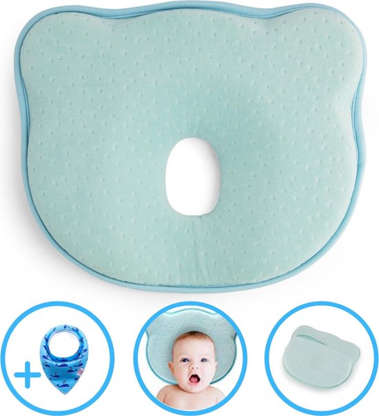 Baby IQ Orthopedisch baby hoofdkussen – Traagschuim – Tegen plat achterhoofd – Baby Kussen plat hoofd - Kraamcadeau – Blauw – Incl gratis Bandana Slabber