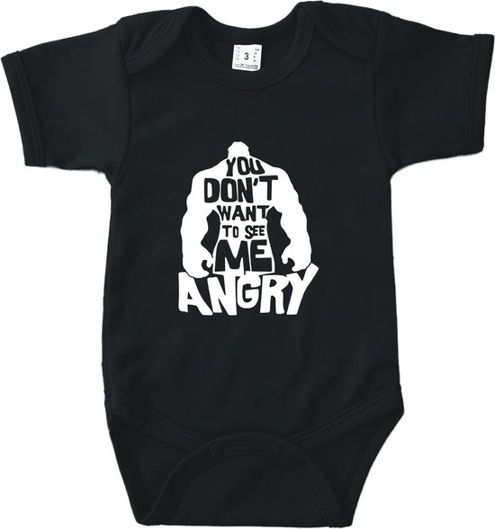 Baby Rompertje met tekst - Hulk. You don't want to see me angry - Zwart - Maat 74/80 - Babygeschenk - Baby kado - Romper - Babyshower - kraamcadeau