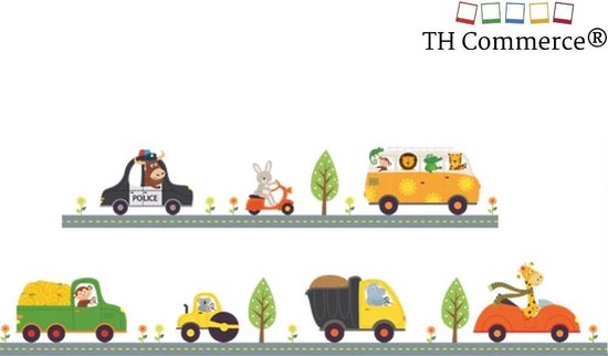 MUURSTICKER WANDDECORATIE SLAAPKAMER KINDERKAMER BABYKAMER JONGEN - AUTOWEG - LEUKE AUTO MUURDECORATIE - POLITIE EN BUS - STICKERVEL B - nr 366