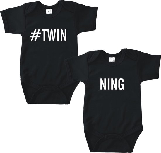 Rompertjes baby TWINNNG - tweeling cadeau - Zwart - Maat 62/68 - Kraam cadeau - Babygeschenk - Set van 2 rompertjes