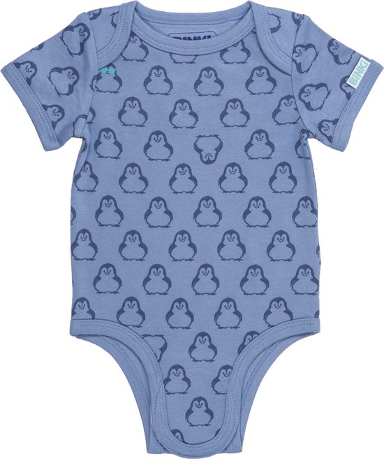 BiNKi - Romper met blauwe pinguin print en korte mouw - maat 74/80