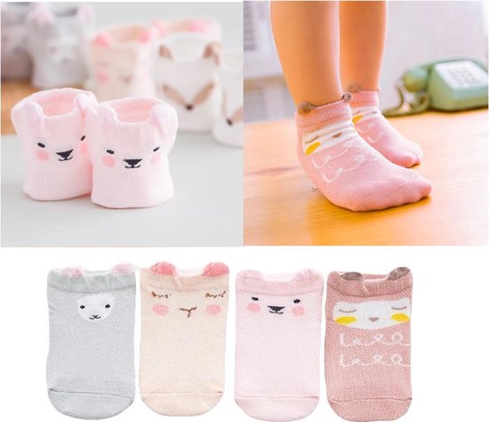 4-pack Meisjes Baby sokjes 6-24 maanden roze diertjes | enkelsokjes