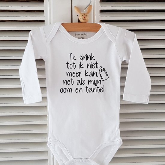 Baby Rompertje lange mouw met tekst: Ik drink tot ik niet meer kan, net als mijn oom en tante!  - Maat 62-68 jongen meisje