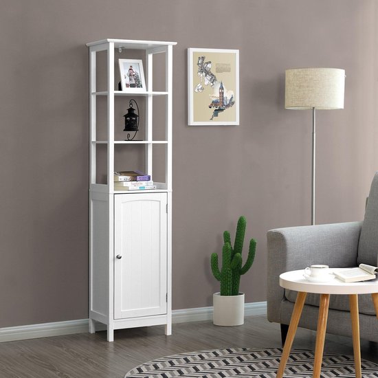 Smalle Hoge Kast Met Deur En 3 Open Vakken - Kolomkast - Opbergkast Voor Woonkamer/Slaapkamer/Kinderkamer/Babykamer/Badkamer/Keuken - Vrijstaand - 40 x 32 x 160 cm- Wit
