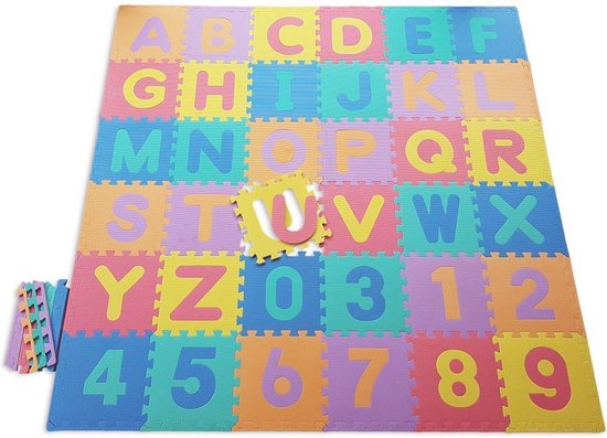 ABC / 123  Foam Puzzel Speelmat - 36 Speelmatten - 121 delig - Uitneembare Figuren - Opbergtas - Afwerkranden - Multi Kleuren - Puzzelmat 182x182x1cm