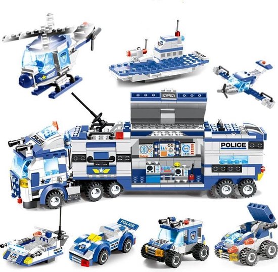 Politie Voertuigen - 8 in 1 Bouwstenen Set - Vrachtwagen - Boot - Helicopter - Vliegtuig - 1120 Blokjes - Geschikt voor LEGO - Constructie Speelgoed