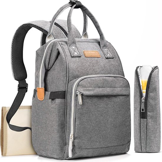 Vwist Luier- en Verzorgingstas - Baby Rugtas Met Isoleervak - Reis Rugzak Inclusief Buggy en Kinderwagen Haken- Backpack Bag -Inclusief Verschoon Mat - Extra Thermotas Voor Drinkfles - Grote Inhoud -30 Liter Tas - Unisex - Jongens - Meisjes - Grijs