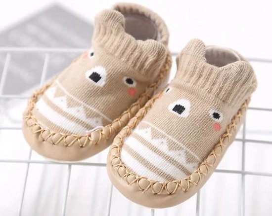 Baby Schoentjes - Baby slofjes - Loopsokjes - Zachte bodem - Anti Slip - Katoen - Geelbruin - 11 cm