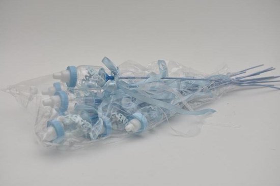 Geboorte - Pak á 12 Baby Flesje Blauw Met Lint Op Stok 50cm