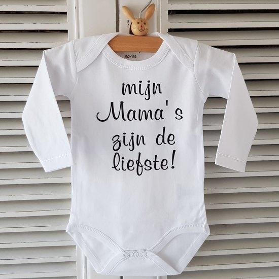 Rompertje met tekst mijn mama's zijn de liefste | lange mouw | wit zwart | maat 62-68 bekendmaking zwangerschap aanstaande baby jongen meisje unisex