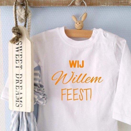 Baby Rompertje tekst | Mijn eerste koningsdag | wij willem feest| lange mouw | wit oranje | maat 74-80