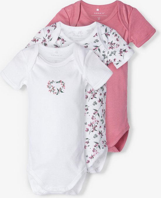 NAME IT BABY NBFBODY 3P SS HEATHER ROSE FLOWER NOOS Meisjes Baby Rompertje - Maat 68