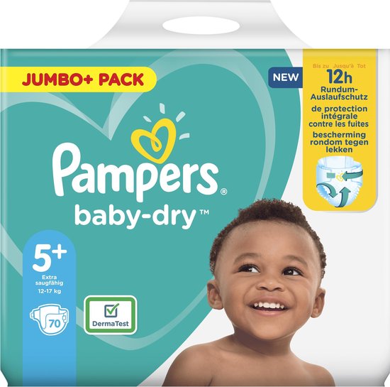 Pampers Baby-Dry Maat 5+, 70 Luiers, Tot 12 Uur Bescherming, 12-17kg