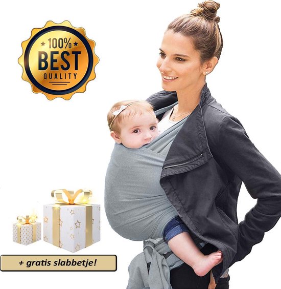 Ergonomische Rekbare Baby Draagdoek Van Katoen Om Te Knopen -Licht Grijs - Babywrap - Draagdoeken - Babydrager - Buikdrager – Rugdrager – Heupdrager - Baby sling – Baby Carrier – Draagzak - Baby Wrap Sling - Draagdoek – Handleiding - Gratis slabbetje