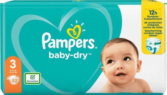 Pampers Baby-Dry Maat 3, 52 Luiers, Tot 12 Uur Bescherming, 6-10kg